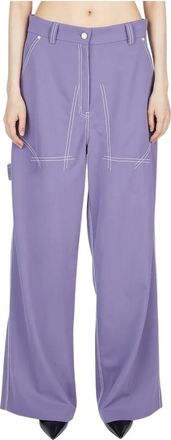 Stella McCartney Wijde Pijpen Broek met Contraststiksels - Dames - Wijde Broeken - Paars - M - Katoen - Broeken