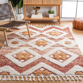 Safavieh Moroccan Tassel Shag Area Rug, Rust / Ivory Bohemian Style Non-Shedding