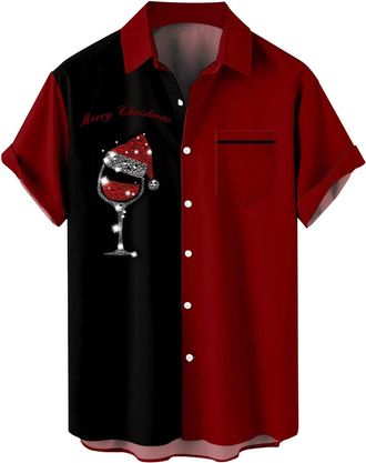 Generic Mens Aloha Shirts 50s Rockabilly Style Short Sleeve Shirt Graphic Button Down Dress Shirt Casual Vacation Tops Xmas Party Santa Print Aloha Shirts Top