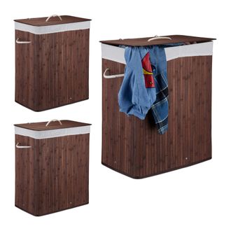 Relaxdays 3 Cestos Ropa Sucia Con Tapa Y 2 Compartimentos, Cubo Colada Plegable, Canasta, Bamb&uacute;, 95 L, Marr&oacute;n