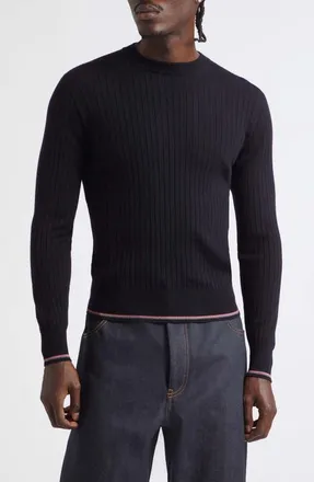 Thom Browne Tipped Wool Blend Rib Sweater in Navy at Nordstrom, Size 4