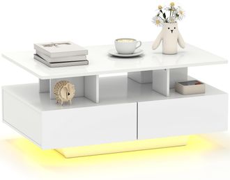 OEM Mesa De Centro Led Moderna Con 4 Cajones Estante Abierto Y Luces Led De 16 Colores Para Sal&oacute;n 90x55x41 Cm Blanco Brillo