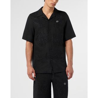 Philipp Plein Embroidered Linen Bowling Shirt Tattoo Strass Men in Black/black at Nordstrom, Size Xxx-Large