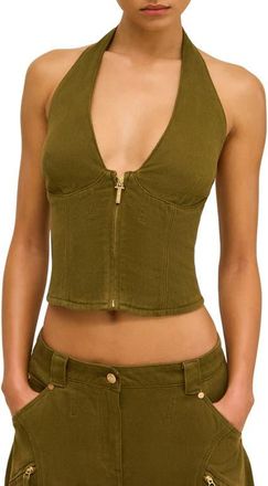 Cult Gaia Davey Zip Front Twill Halter Top in Rosemary at Nordstrom, Size 6
