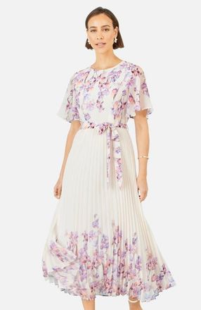 Yumi Short Sleeve Pleated Midi Dress in White, Lavender at Nordstrom, Size 14