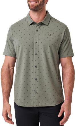 Travis Mathew Comfortknit Geo Short Sleeve Button-Up Shirt in Dark Olive at Nordstrom, Size Xx-Large