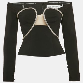 Self Portrait Black Stud Embellished Crepe Off-Shoulder Top