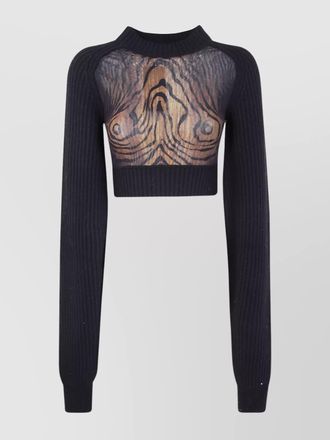 Jean Paul Gaultier wool ribbed long-sleeve cropped sweater with printed mesh cutout details