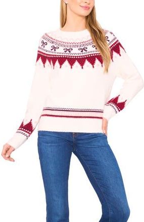 CeCe by Cynthia Steffe Bow Fair Isle Ribbon Detail Crewneck Sweater in Glamour Red at Nordstrom Rack, Size Medium