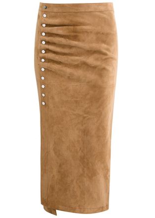 Paco Rabanne Ruched Suede Midi Skirt - Caramel - 36 (UK8 / S)