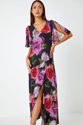 Roman Floral Print Chiffon Tie Back Maxi Dress