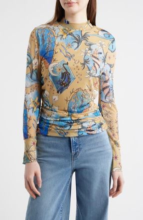 Farm Rio Mystical Sand Mixed Print Tulle Top in Blue at Nordstrom, Size Xx-Small