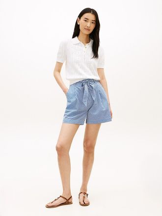 Tommy Hilfiger Womens Belted Gingham Seersucker Short - Blue Orbit / Ecru Gingham - XL