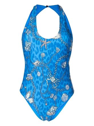 Ganni graphic print swimsuit - women - Elastane/Polyamide - 32 - Blue
