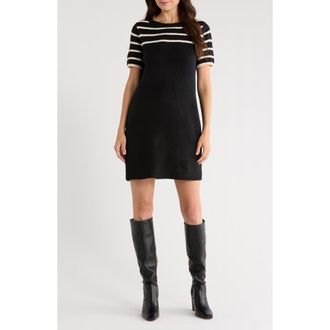 Halogen Stripe Short Sleeve Sweater Dress in Rich Black at Nordstrom Rack, Size X-Small