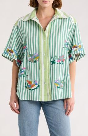 Free People The Bird Embroidered Button-Up Shirt in French Green Combo at Nordstrom Rack, Size X-Small