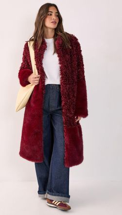 NASTY GAL Womens Mixed Faux Fur Borg Coat - Burgundy - Size 12 UK