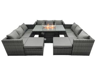 Fimous Rattan Garden Furniture Firepit Set Outdoor 11 Seater Patio Dining Sets with Glass Top Dining Table in Dark Grey