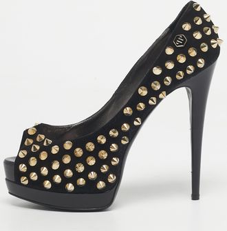 Philipp Plein Philipp Plein Black Suede Studded Peep Toe Platform Pumps