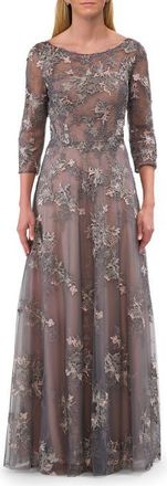 La Femme Two Tone Long Gown with Lace and Illusion Neckline in Pink/gray at Nordstrom, Size 10