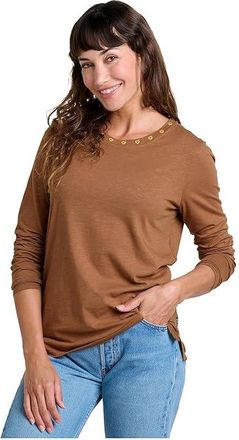 Toad&Co Primo Long Sleeve Crew Embroidered Womens T Shirt Brown Sugar Embroidery : XS, Cotton