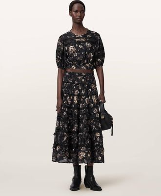 AllSaints Polyester Talia Printed Midi Skirt, Size: UK 14/US 10