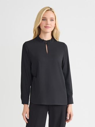 Misook Ruffle Neck Keyhole Crepe de Chine Blouse in Black at Nordstrom, Size Xx-Large