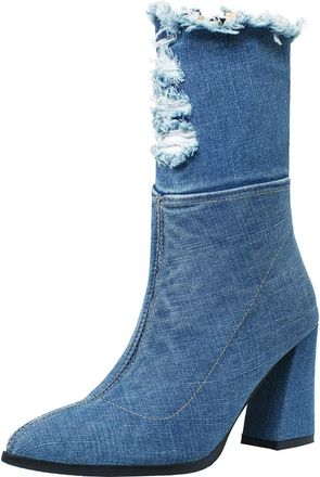 Agodor Womens Denim Thigh High Boots Cutout Over The Knee Blue Jean Boots, Short Dark Blue, 2 UK