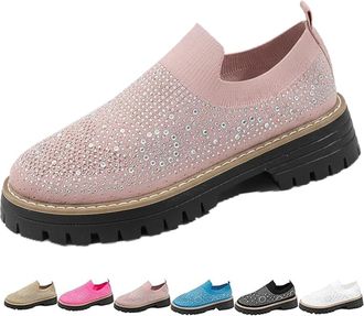 Generic Womens Knitted Platform Slip On Rhinestone Loafers, Orthopedic Chunky Loafers Breathable Mesh Sparkly Glitter Walking Shoes (7.5,Pink)