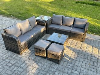 Fimous Indoor Outdoor Rattan Garden Furniture 8 Seater Set Table Sofa Chair Patio Conservatory with Grey Cushions Side Table 2 Small Footstools