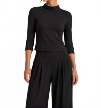 Michael Stars Helena 1X1 Cotton Elbow Sleeve Mock Neck Top In Black