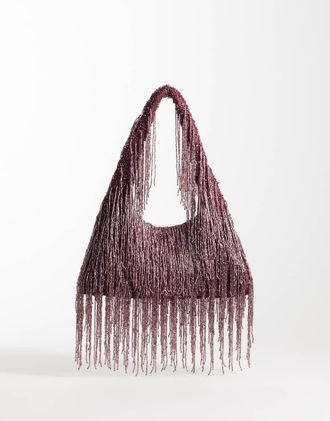 Asos Premium - Borsa da spalla bordeaux decorata con frange-Rosso
