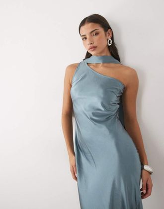 Tfnc abito lungo monospalla in raso con sciarpa blu ardesia