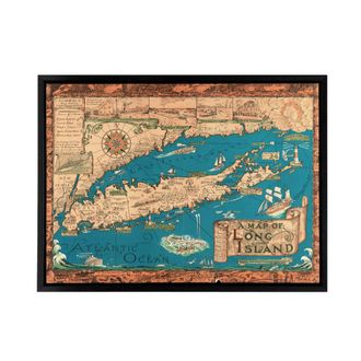Artery8 Vintage Map of Long Island New York Framed Canvas Wall Art Print | Size: W24 x H32
