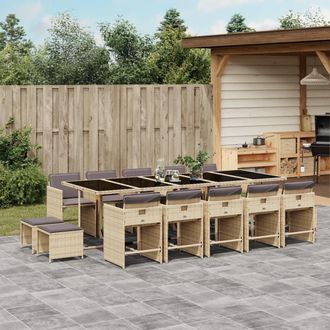vidaXL Set Comedor De Jard&iacute;n Con Cojines 15 Pzas Rat&aacute;n Sint&eacute;tico Beige Vidaxl