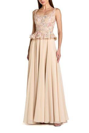 Mac Duggal Womens Embroidered Peplum Top With Chiffon Skirt Gown in Champagne at Nordstrom, Size 14