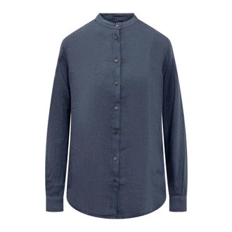 Fay Linnen overhemd met bandkraag - Heren - Casual Overhemden - Blauw - M - Linnen - Overhemden