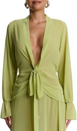 Naked Wardrobe Plunge Tie Front Chiffon Top in Chartreuse at Nordstrom Rack, Size X-Small