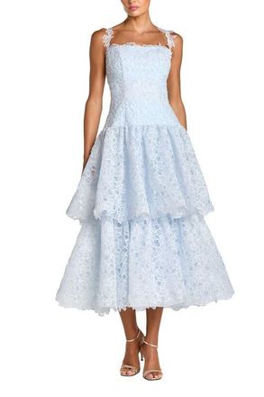 Mac Duggal Sleeveless Embroidered Lace Tiered Midi Dress in Powder Blue at Nordstrom, Size 12