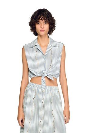 Sandro Cropped striped rhinestone shirt in Blue at Nordstrom, Size X-Small