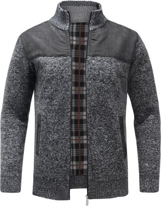 AlltheMen Mens Casual Knitted Cardigan Stand Collar Full Zip Sweater Contrast Color Autumn Winter Coat Dark Grey XXL