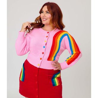 Unique Vintage Plus Size 1950s Cropped Cardigan in Pink W/Rainbow Print at Nordstrom, Size 2 X