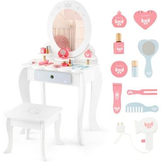Costway Costway - Toeletta Trucco per Bambina 2 in 1, Set di Tavolo Trucco e Sgabello per Bambine con Specchio Rimovibile e Cassetto, Toeletta Trucco per