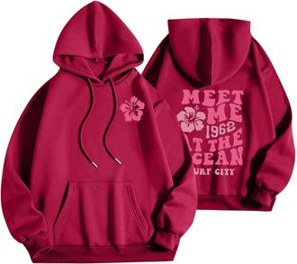 Generic Palm Puff Hoodies for Women UK Floral Letter Print Y2K Hoodie Long Sleeve Sweatshirts Ladies Fleece Tops Casual Drawstring Hooded Pullover Autumn Wint