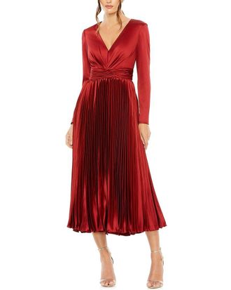 Mac Duggal Pleated Long Sleeve V-Neck Dress
