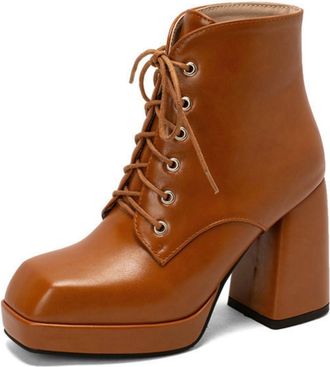 Generic Womens Square Toe Platform Chunky Heel Ankle Boots Lace-Up Punk Booties,Brown,1.5 UK