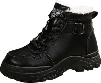 Generic Winter Combat Boots for Women Faux Fur Lined Platform Ankle Boot Lace-Up Casual Warm Snow Boots Outdoor Anti-Slip Walking Shoes(Black,6.5)