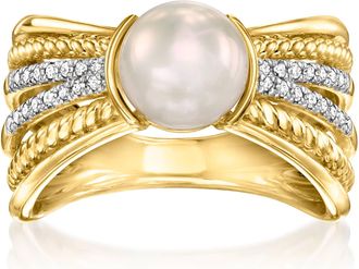 Ross-Simons 7.5-8mm Cultured Pearl Multi-Row Ring With. Diamonds in 18kt Gold Over Sterling