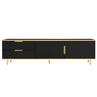 STILVORA Mueble De Tv Con 2 Puertas Y 2 Cajones, Frente Tallado, Tiradores Y Patas Dorados, Estilo Moderno, 175&times;40&times;45 Cm, Negro