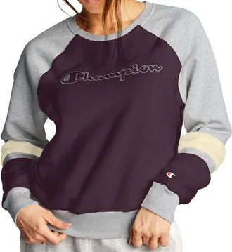 Champion Super Fleece Faux Fur Colorblocked Metallic Logo Sweatshirt In Raisin